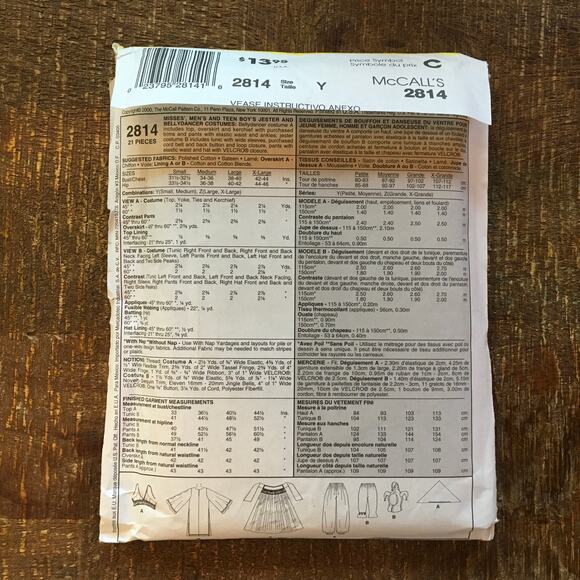 McCalls Sewing Pattern 2814 Mens Womens Costume Bellydancer Jester S M UNCUT - Picture 2 of 2